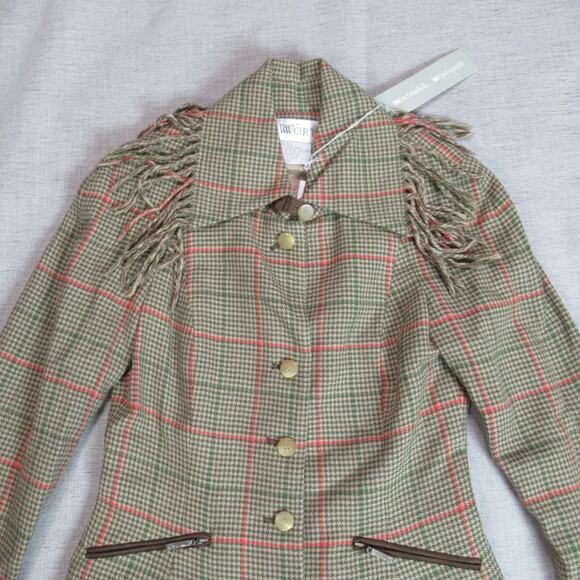 Vtg WORTH Jacket Womens Size 0 Brown Llama Fringed Plaid 100% Wool Blazer NWT - Picture 3 of 12